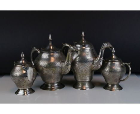 Indian Silver Plated Four Piece Tea Service, the spouts in the form of a stylised bird, water jug 22cms high 