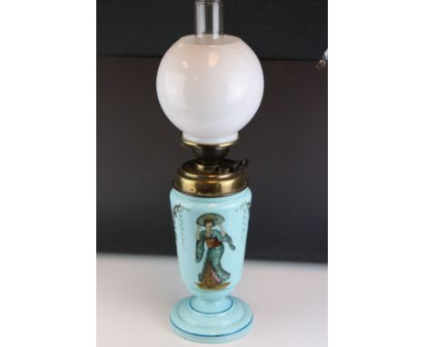 Opaline oil lamp, hand painted with oriental design 