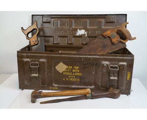 A vintage metal military ammunition box containing a quantity of vintage carpenters tools. 