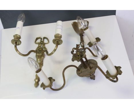 A vintage brass three branch chandelier together with a two branch brass wall light. 