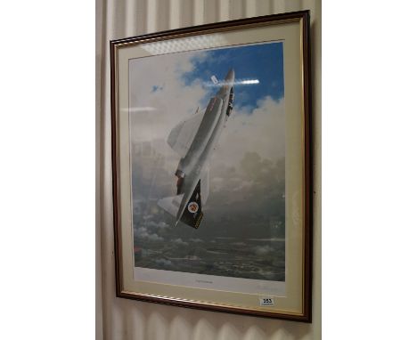 A framed and glazed limited edition 167/500 coloured print of a Phantom Jet signed in pencil by artist. Ian Kennedy, with bli