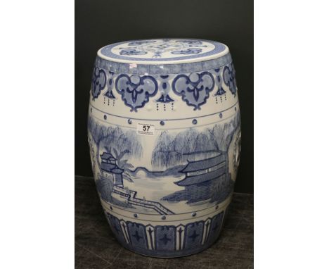 Modern Chinese Barrel Shaped Blue and White Ceramic Garden Seat, 47cms high 