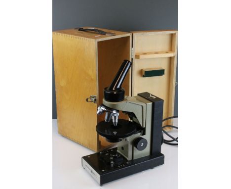Mid 20th century Vickers electronic microscope complete with wooden storage case. 