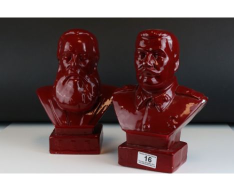 Two Red Glazed Ceramic Busts of Stalin and Marx, 27cms high 