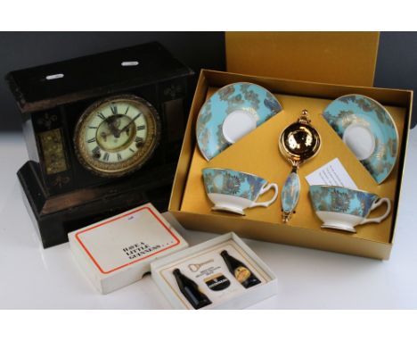 A box of mixed collectables to include a boxed Fortnum &amp; Mason Tea for Two set, a slate clock and a miniature Guinness se