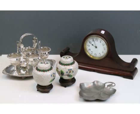 A box of mixed collectables to include Cloisonne jars, clock and silver plated egg cup set. 