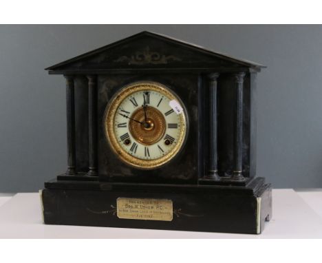 A large slate mantle clock presented to Bro. W. Usher P.C. by New Sarum Lodge of Oddfellows Feb. 1907. 