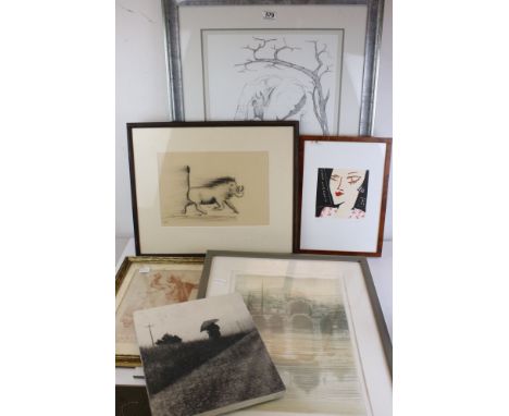 Four  framed prints, to include engraving of Venice, together with a mixed media Sarah Elder Warthog and a portrait of an ele