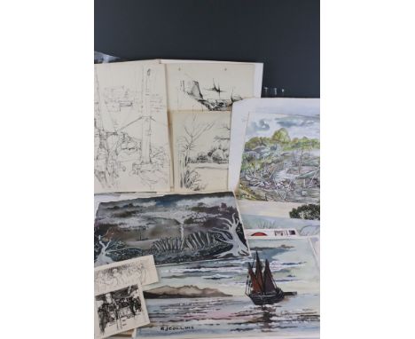 James Arnold Martin, a large quantity of unframed pen and ink drawings and sketches, landscapes, topography, maritime etc tog