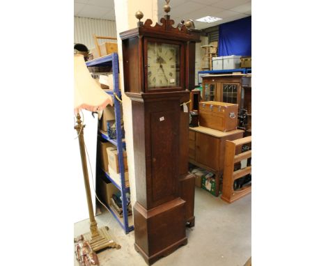 19th century Oak Longcase Clock, the square hood with brass finials holding a dial with painted face, having Roman numerals a