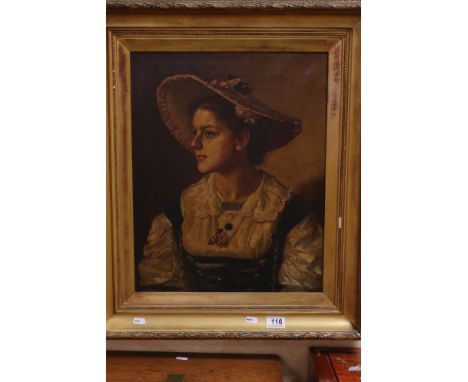 H W Foster late 19th century oil on canvas half Length portrait of a lady in costume and hat signed and dated 1880 51 x 41 cm