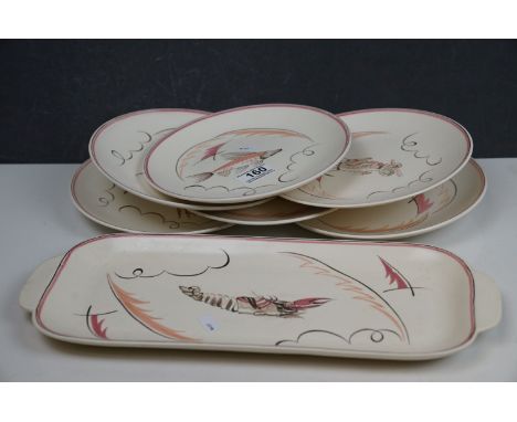 A set of six poole pottery fish plates together with a platter. 