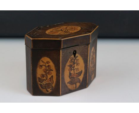 A Georgian mahogany tea caddy with decorative floral panels, approx 11cm in height. 