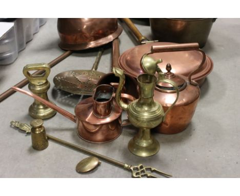 A box of mainly brass and copper ware to include teapot, watering can and hunting horn.