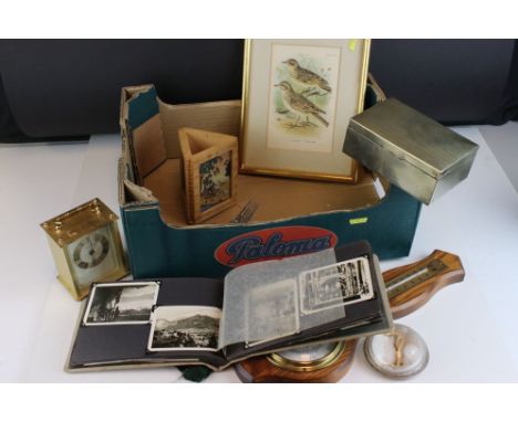 Box of mixed collectables, to include carriage clock, barometer, silver plate cigarette box, airline cutlery, Indian sand pic