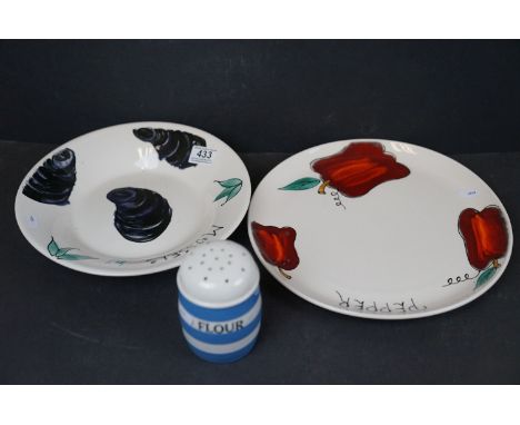 T G Green Cornishware Flour Sifter with green shield mark to base, together with Poole Pottery ' Mussels ' Bowl, 29cms diamet