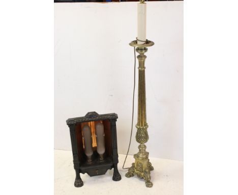 Brass Column Standard Lamp, 130cms high together with Early 20th century Archer System Electric Radiator, 58cms high 