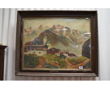 R Mrzyglod (Polish) early 20th century oil on canvas traditional village view, with a mountain beyond, approx. 54cm x 69cm 