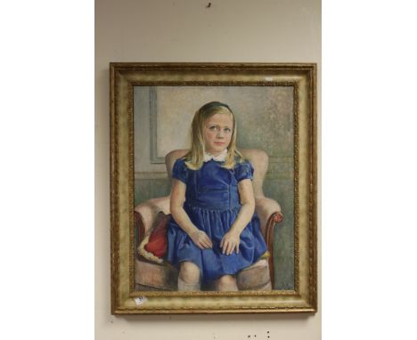 M Rotinoff, mid 20th century oil on canvas, portrait of a young girl seated in a chair, signed and dated 1965, sitter named v
