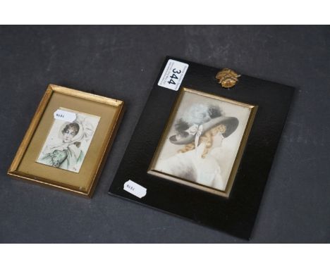 Antique miniature watercolour portrait of a  lady in a bonnet &amp; one other similar. 