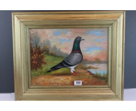 Gilt framed oil painting of a racing pigeon in a country landscape 