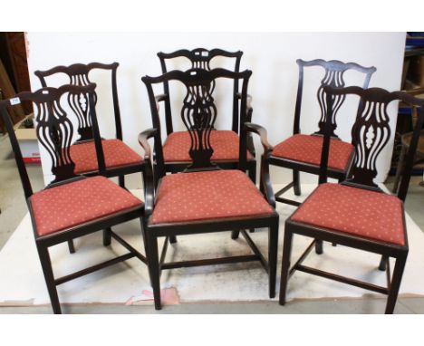 Set of Six Mahogany Dining Chairs, in the manner of Thomas Chippendale, with pierced black splats and drop-in seats (includin