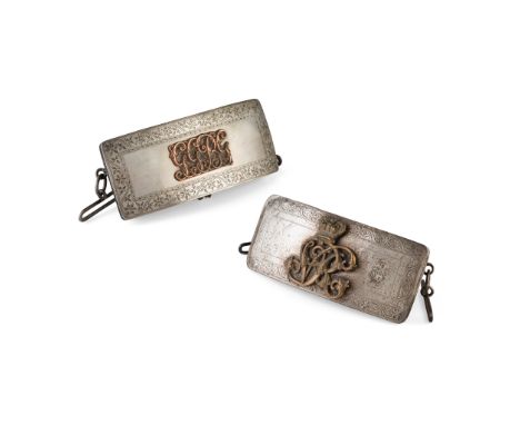 TWO OFFICER'S SHOULDER BELT POUCHES 19TH CENTURY the first Victorian with a silver cover with gilt metal cypher VR, hallmarke