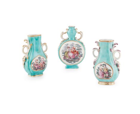 THREE CHELSEA TURQUOISE GROUND VASES LATE 18TH CENTURY one of moon flask form, painted to one side with a Watteau inspired sc