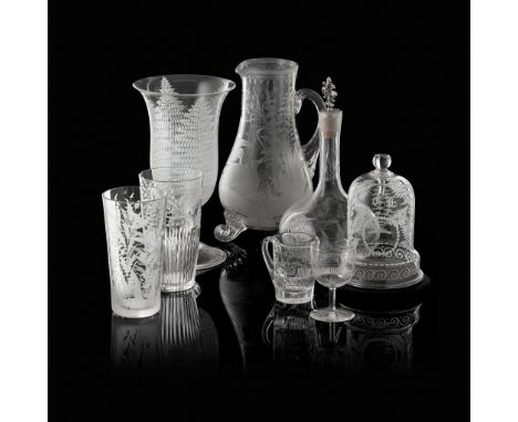 COLLECTION OF VICTORIAN ENGRAVED GLASSWARE 19TH CENTURY comprising a tall tumbler and smaller glass with handle, both cut wit