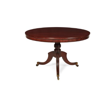 REGENCY MAHOGANY AND INLAID TILT TOP TABLE EARLY 19TH CENTURY the circular top, raised on ring turned column, with reeded and