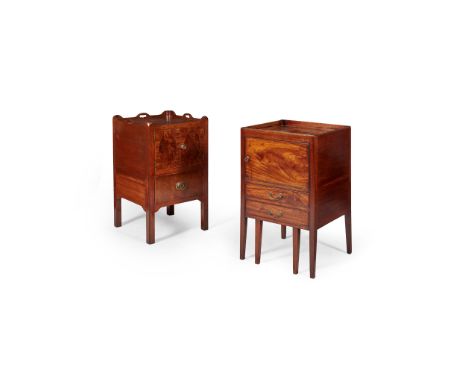 TWO GEORGE III MAHOGANY NIGHT COMMODES 18TH CENTURY with square tray tops over cupboard doors, one with a sliding drawer fitt