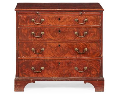 LATE GEORGE III MAHOGANY CHEST OF DRAWERS EARLY 19TH CENTURY the quarter veneered and crossbanded top above a brushing slide 