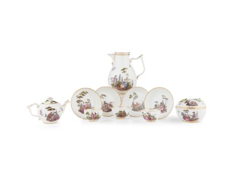 MEISSEN PART TEA AND COFFEE SERVICE MID 18TH CENTURY painted with scenes of courting couples in a landscape setting, comprisi