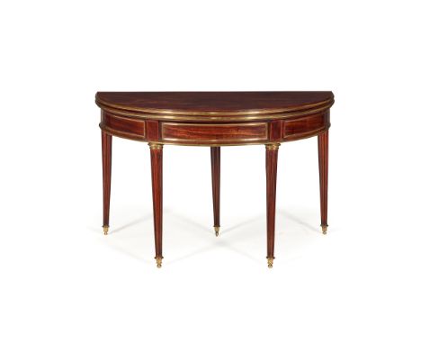 FRENCH DIRECTOIRE MAHOGANY AND BRASS DEMI-LUNE CARD TABLE LATE 19TH/ EARLY 19TH CENTURY the fold-over top opening to a green 