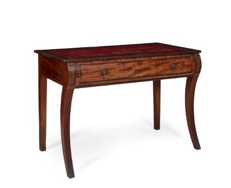 REGENCY MAHOGANY AND INLAID LIBRARY TABLE 19TH CENTURY WITH ALTERATIONS the rectangular top with a reeded edge inset with red