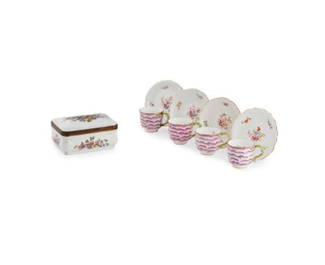 SET OF FOUR MEISSEN STYLE ROSE PETAL MOULDED CUPS AND SAUCERS 19TH CENTURY the outside of each cup moulded with overlapping p