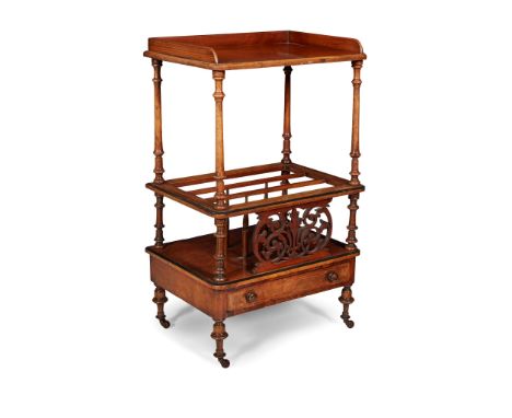 VICTORIAN WALNUT AND EBONISED CANTERBURY WHATNOT MID 19TH CENTURY the three-quarter gallery top tier above a canterbury base 