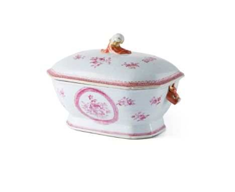 CHINESE EXPORT PORCELAIN OCTAGONAL TUREEN 18TH CENTURY decorated with pink flower sprays and scale pattern borders and gilt h