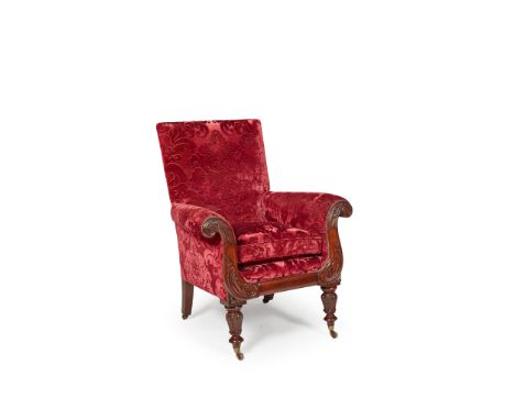 GEORGE IV MAHOGANY FRAMED ARMCHAIR EARLY 19TH CENTURY the square back above a loose cushion seat and outscrolled arms, the ly