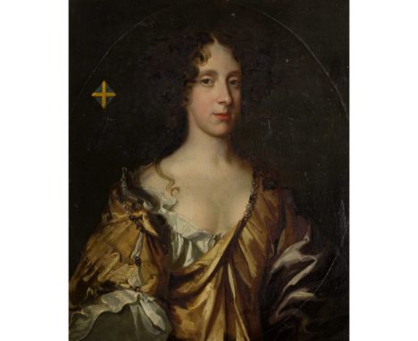FOLLOWER OF SIR PETER LELY HALF LENGTH PORTRAIT OF THE DUCHESS OF CLEVELAND Feigned oval, oil on canvas(76cm x 63.5cm (30in x