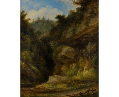 JAMES FRANCIS WILLIAMS (SCOTTISH 1785-1846) FIGURES IN A ROCKY LANDCSAPE Signed with initials, oil on canvas(55cm x 45cm (21.