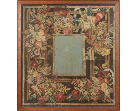 FRENCH TAPESTRY BORDER FRAGMENTS LATE 17TH/ EARLY 18TH CENTURY woven with fruit and flowers against brown, blue, and cream ba