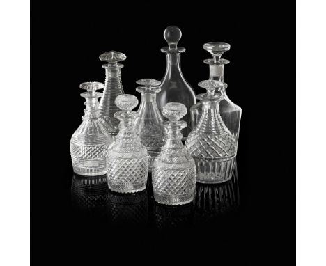 COLLECTION OF VARIOUS DECANTERS WITH STOPPERS 19TH CENTURY AND LATER comprising a pair of liqueur decanters, with strawberry 