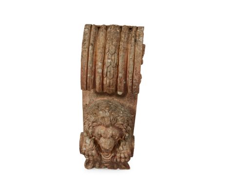 NEAR PAIR OF TERRACOTTA CORBELS, POSSIBLY DOULTON 19TH CENTURY each modelled as a lion mask set in a scroll bracket(60cm high