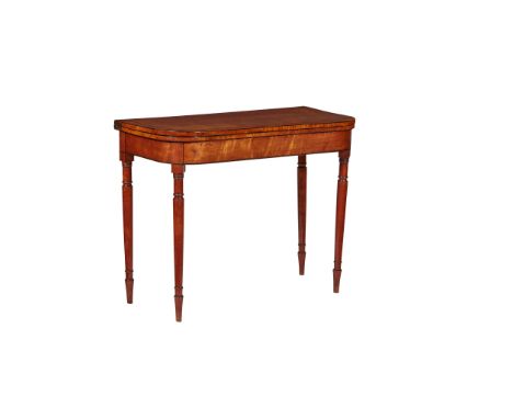 GEORGE III SATINWOOD AND EBONY CARD TABLE LATE 18TH CENTURY the cross banded D shaped fold-over top opening to a green baize 