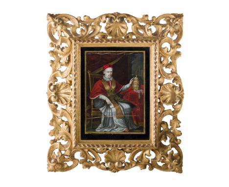 Y PORTRAIT MINIATURE OF POPE INNOCENT XII EARLY 19TH CENTURY oil on ivory, the subject seated in a red velvet chair, dressed 