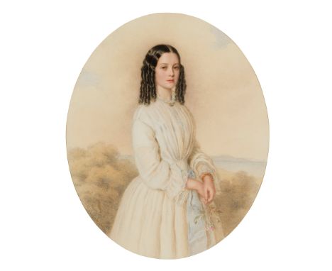 ANTON HÄHNISCH (AUSTRIAN 1817-1897) THREE QUARTER LENGTH PORTRAIT OF A YOUNG LADY HOLDING A ROSE Signed and dated 1854, oval,