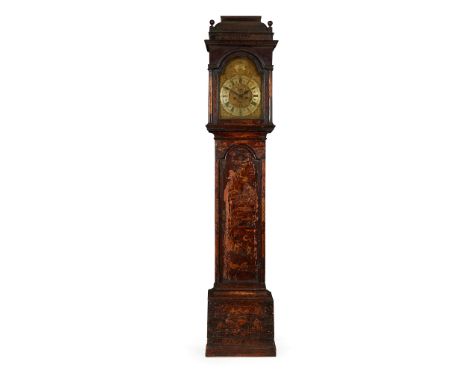 GEORGE III BLACK JAPANNED LONGCASE CLOCK, BY WILLIAM BARON, LONDON MID 18TH CENTURY the step moulded hood with a pair of fini