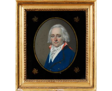 ENGLISH SCHOOL, EARLY 19TH CENTURY PORTRAIT OF MR CHARLES CLARK, HALF-LENGTH IN A BLUE JACKET; AND Pastel, oval, a pair(20cm 