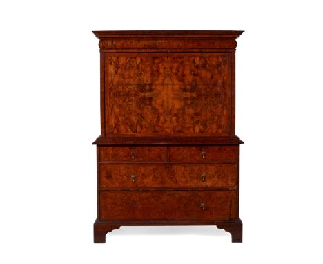 GEORGE I WALNUT ESCRITOIRE EARLY 18TH CENTURY the moulded cornice over a cushion moulded frieze drawer, above a quarter-venee